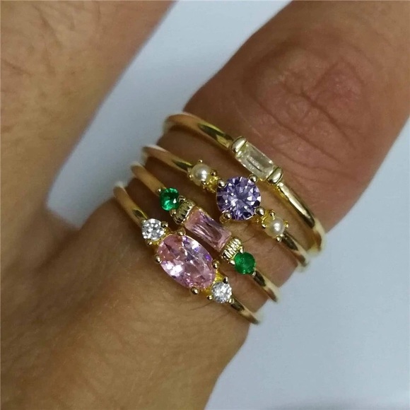4 Piece Gold Gemstone Midi Rings Set - Picture 4 of 4